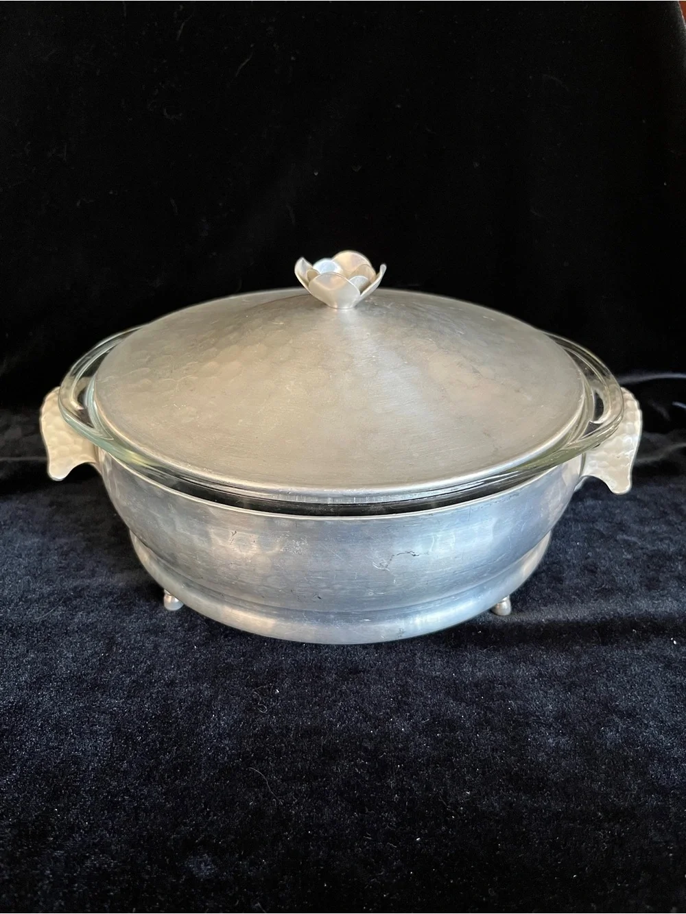 Vintage Casserole, Hammered Aluminum & Pyrex Casserole 3 Piece Set